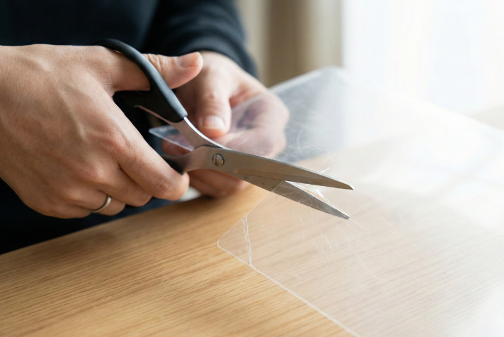 ハサミでクリアファイルを切る手元、セキュリティ対策