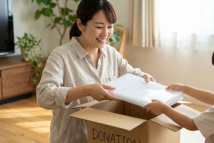 寄付のためにクリアファイルを箱詰めする日本人、エコ活動