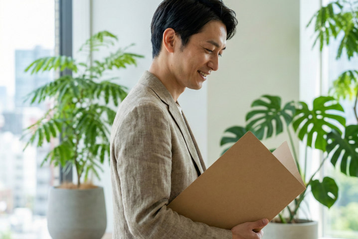 紙製のエコなファイルを持つ日本人ビジネスパーソン