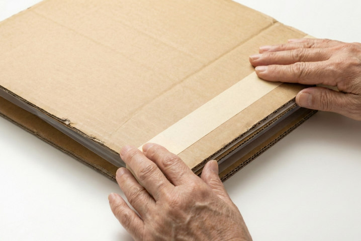 クリアファイルを段ボールで挟んで補強する手元、折れ防止対策