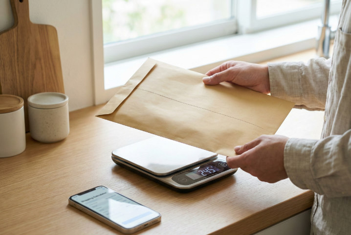 梱包した封筒をスケール（はかり）に乗せて重さを確認する様子