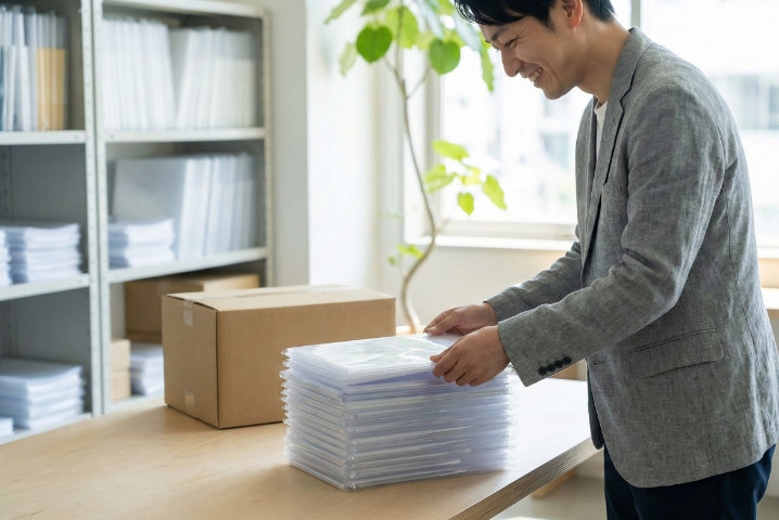 綺麗に個包装された大量のクリアファイル、オフィスでの検品