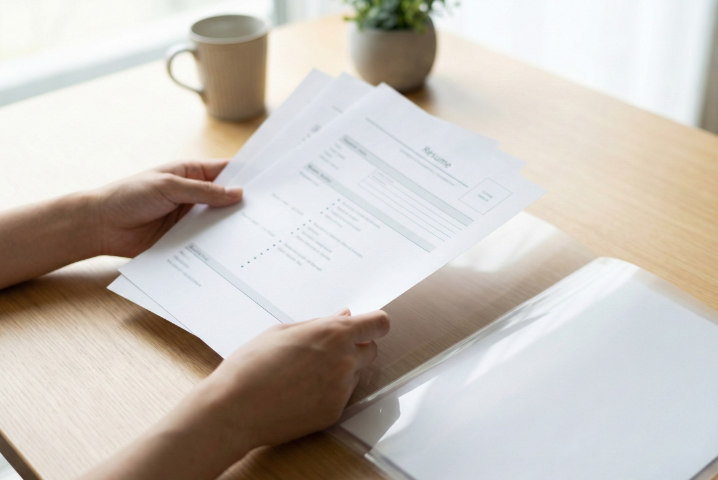 履歴書や職務経歴書を順番に重ねて整理する日本人、デスクワーク