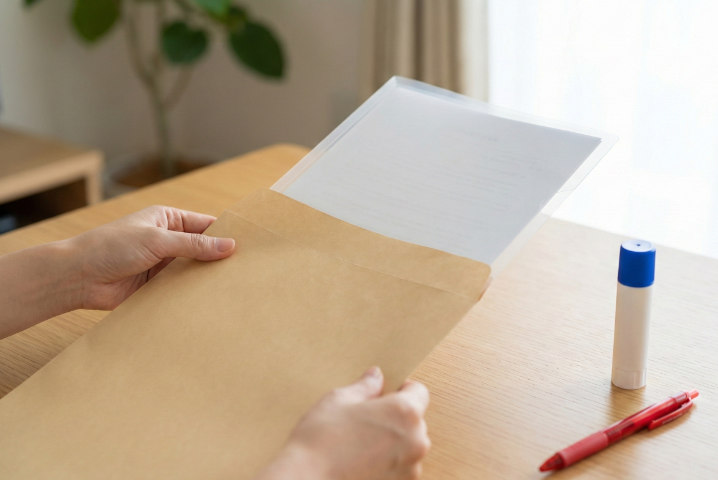角2サイズの茶封筒にクリアファイルを入れる様子、郵送準備