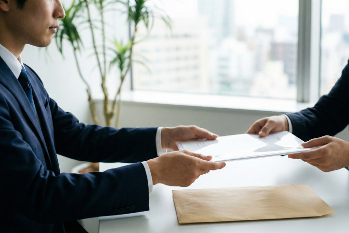 面接官に書類を両手で差し出す日本人応募者、面接マナー