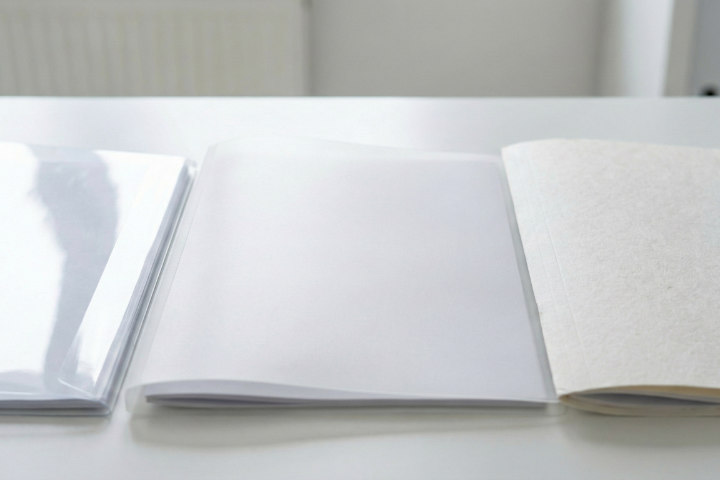 デスク上に並べられた質感の異なるクリアファイル素材（PP、PET、紙）のクローズアップ