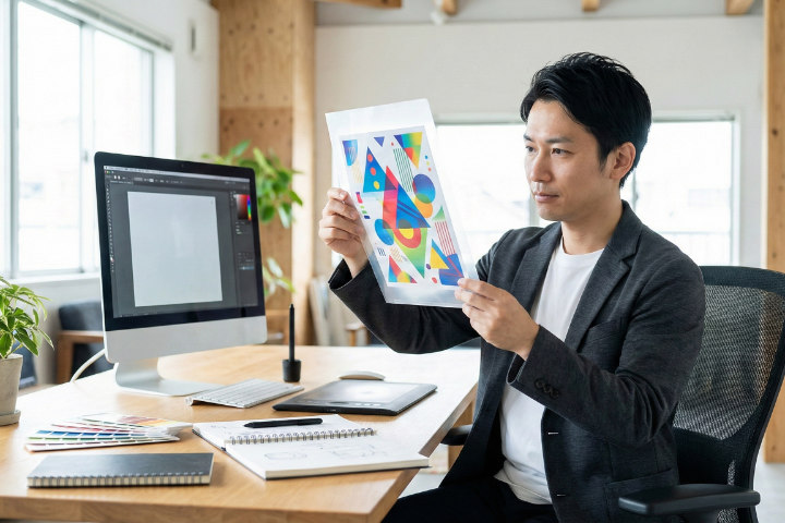 抽象的なグラフィックが印刷されたクリアファイルの色味を確認する日本人デザイナー