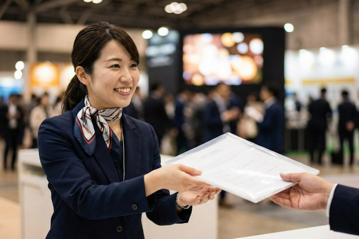 展示会ブースで資料が入ったクリアファイルを笑顔で手渡す日本人スタッフ