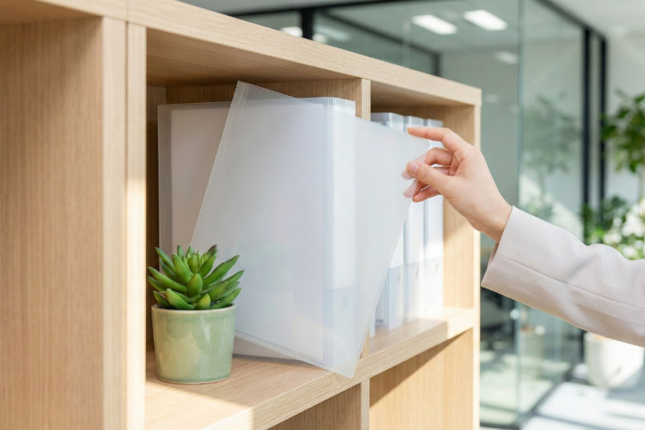 環境に配慮したオフィスで綺麗に整理整頓されたファイル棚と観葉植物