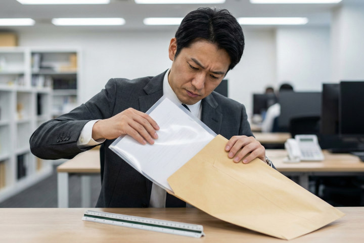 茶封筒にクリアファイルがスムーズに入るか確認している日本人男性