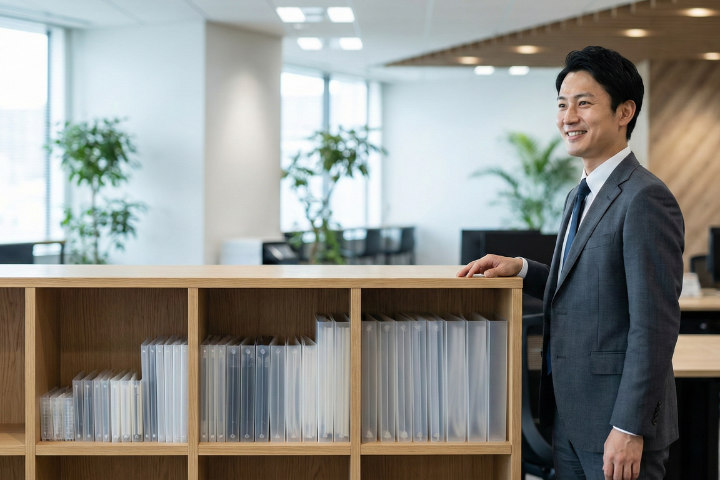 種類ごとに整頓されたファイル棚と、満足げな表情の日本人オフィスワーカー