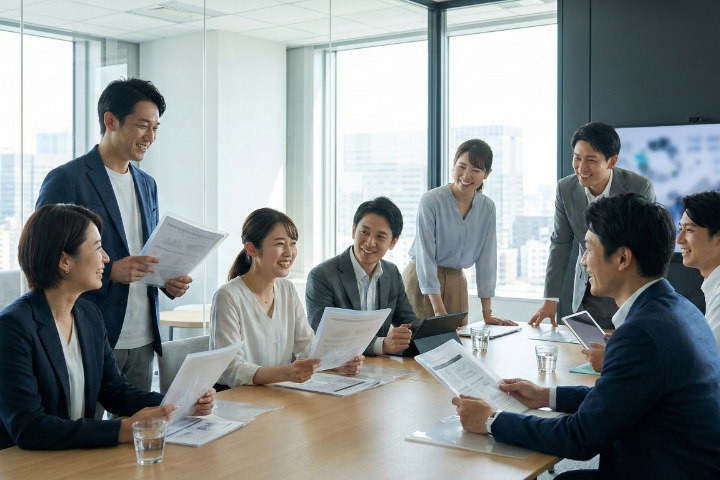 オフィスの会議室で資料を配布・確認する日本のビジネスマンたち
