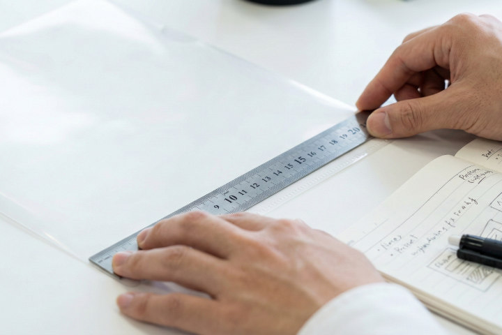 定規を使ってクリアファイルのサイズを正確に測る手元とオーダーの検討