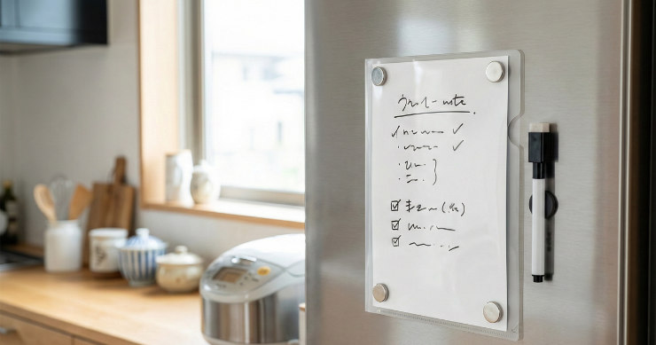 キッチンの冷蔵庫にマグネットで貼られた、クリアファイル製の簡易ホワイトボード(手書きメモあり)