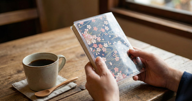 カフェで、おしゃれな紙を挟んだクリアファイル製ブックカバーの本を読んでいる日本人の手元