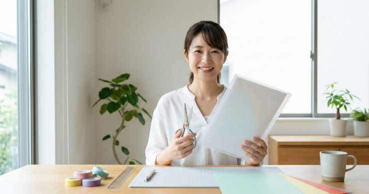 整理整頓されたデスクで、余ったクリアファイルを使って次のリメイクを始めようとしている楽しそうな様子