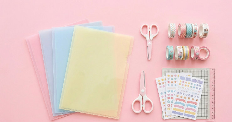 クリアファイル、ハサミ、カラフルなマスキングテープ、シールなどが可愛く並べられたフラットレイ