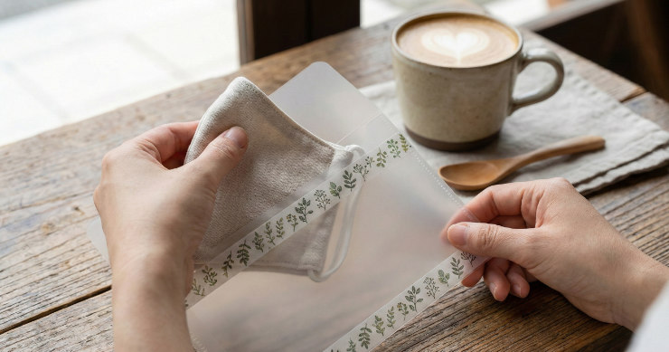カフェのテーブルで、自作したおしゃれなクリアファイル製マスクケースを使っている手元