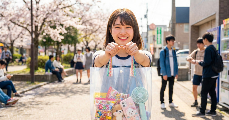 クリアファイルで作った透明なミニバッグを持ち、中にお菓子や可愛い小物が透けて見えている様子