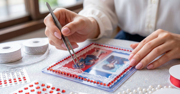 推し(アイドル)の写真を飾るために、クリアファイルケースをデコレーションしている手元