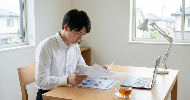 自宅のデスクで、クリアファイルに入った企業資料を見返している就活生