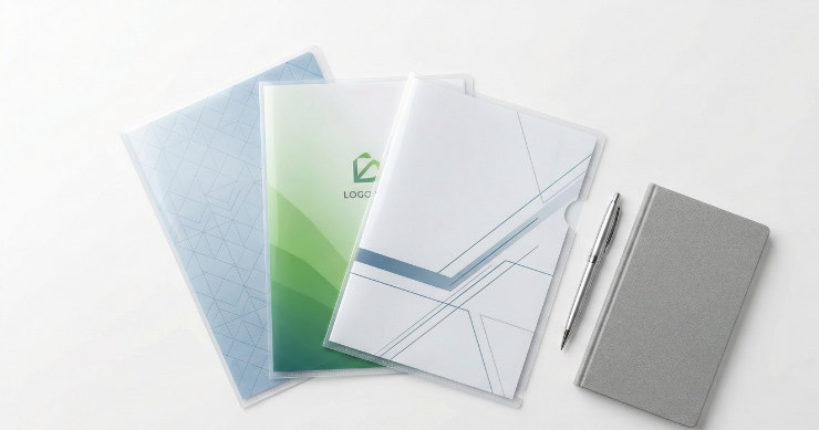 企業のロゴやコーポレートカラーをあしらった、シンプルで洗練されたクリアファイルのデザイン案（フラットレイ）