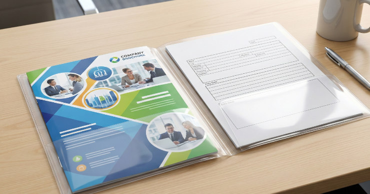 ダブルポケットタイプのクリアファイルを開き、左右に資料が仕分けられている様子