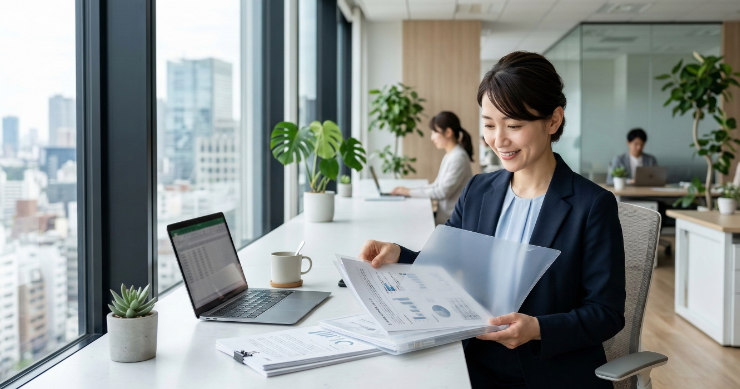 A4クリアファイルに書類を入れる日本人オフィスワーカー
