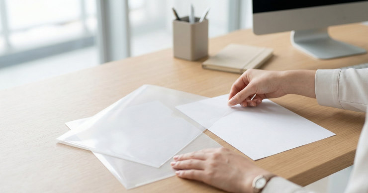 A4用紙とクリアファイルのサイズ比較を机上で確認するシーン