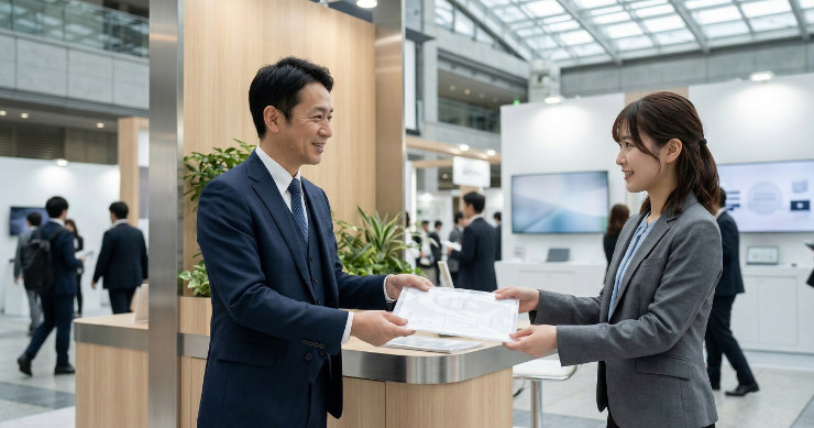 展示会ブースで資料入りクリアファイルを受け取る日本人来場者