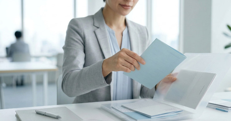 A5クリアファイルに小型資料を入れる日本人オフィスワーカー