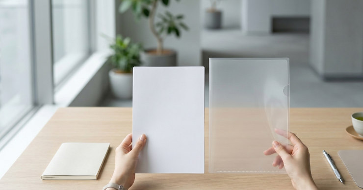 A5用紙とA5クリアファイルのサイズ感を比較する机上シーン