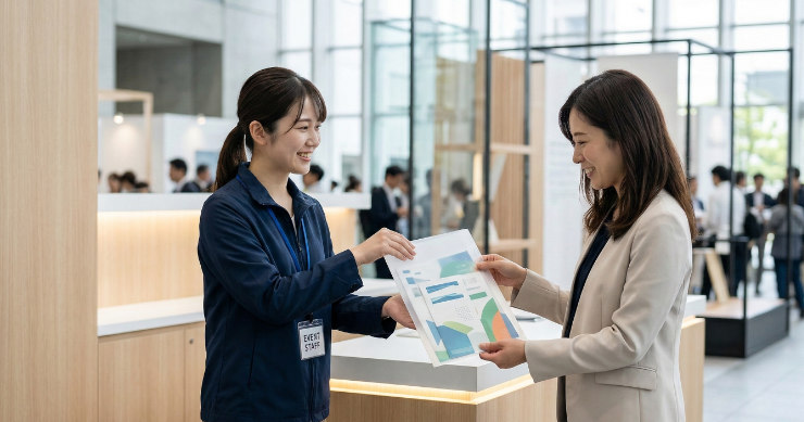 イベントでA5クリアファイル入りパンフレットを受け取る日本人来場者