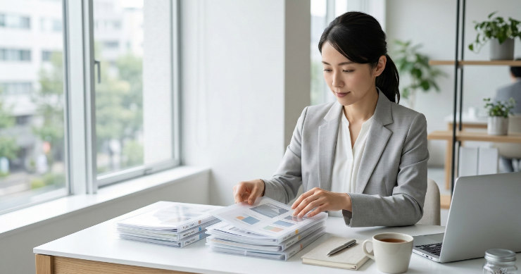 デスクでA5クリアファイルを用途別に整理する日本人ビジネスパーソン