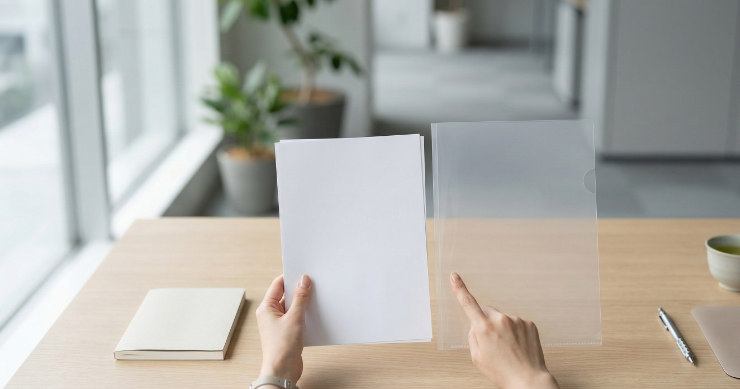 A6用紙とA6クリアファイルのサイズ感を比較する机上シーン