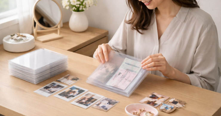 ライブやイベントのチケットをA6クリアファイルに保管する日本人女性