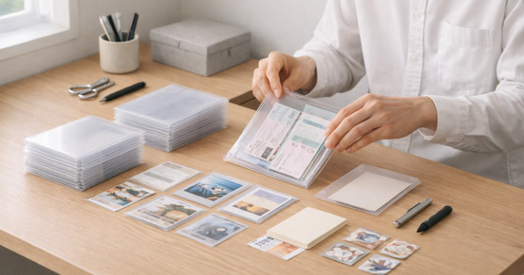 デスクでA6クリアファイルを用途別に整理する日本人ユーザー