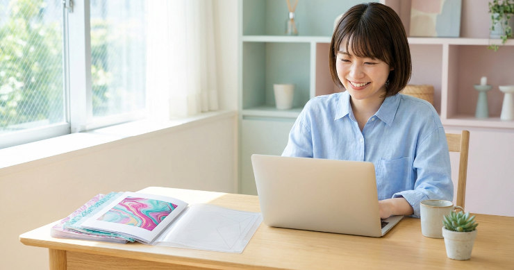 パソコンの前で満足そうに微笑む女性