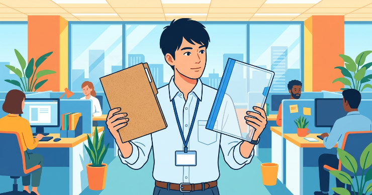紙のフォルダーと透明なクリアファイルを見比べる男性のイラスト