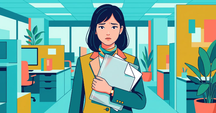クリアファイルから紙がはみ出て少し困っている女性のイラスト