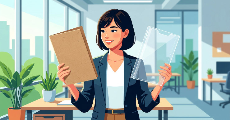 紙製ファイルと再生PPファイルを持ち、環境に配慮した選択を検討している日本人女性のイラスト