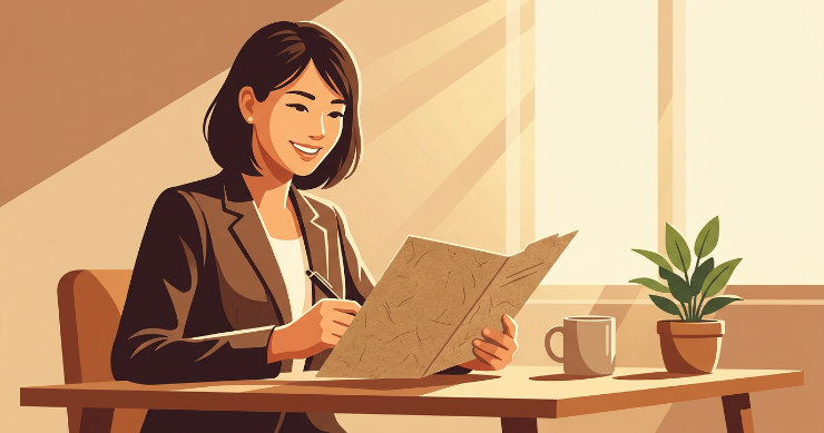 ナチュラルな紙製ファイルに直接ペンでメモを書き込んでいる日本人女性のイラスト