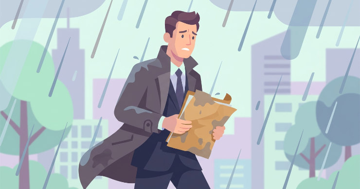 雨の中で紙製ファイルが少し濡れて折れ曲がり、困っている日本人男性のイラスト
