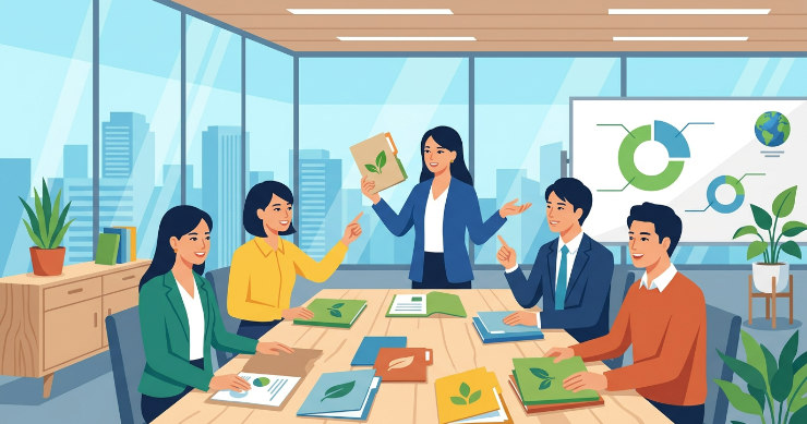 用途や企業イメージに合わせて、チームで最適なエコファイルを選定している様子