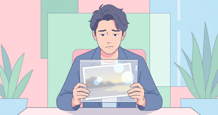 普通のクリアファイルに入れた写真が白っぽく見えて少し残念そうにしている日本人男性