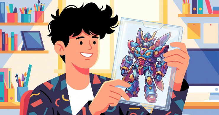 高透明ファイルに入った美しいイラストを見て感動している日本人のクリエイター