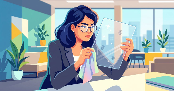 高透明なファイルについた指紋を気にしている日本人女性のイラスト