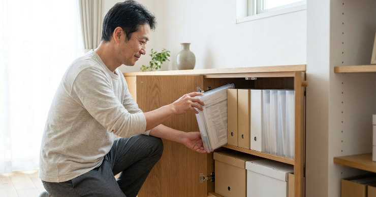 長期保存されたクリアファイルを確認する日本人男性
