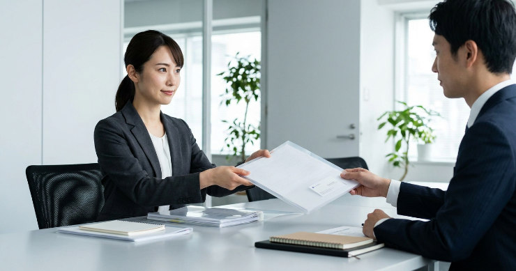 営業資料と名刺を一緒に渡すクリアファイル活用シーン