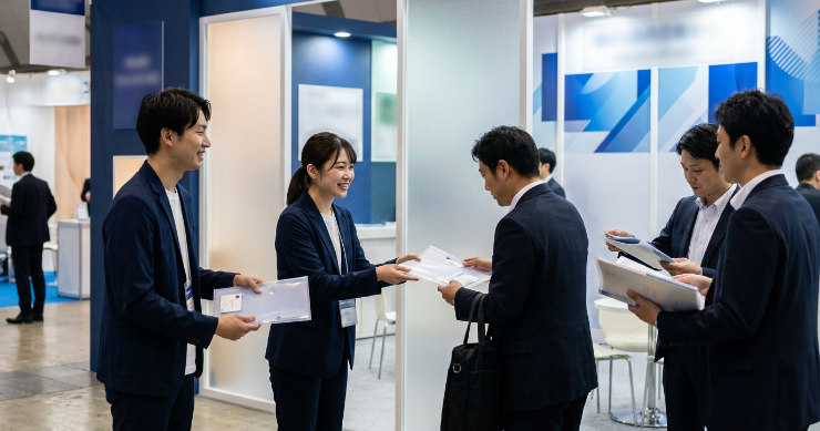 展示会で資料配布に使われる名刺ポケット付きクリアファイル